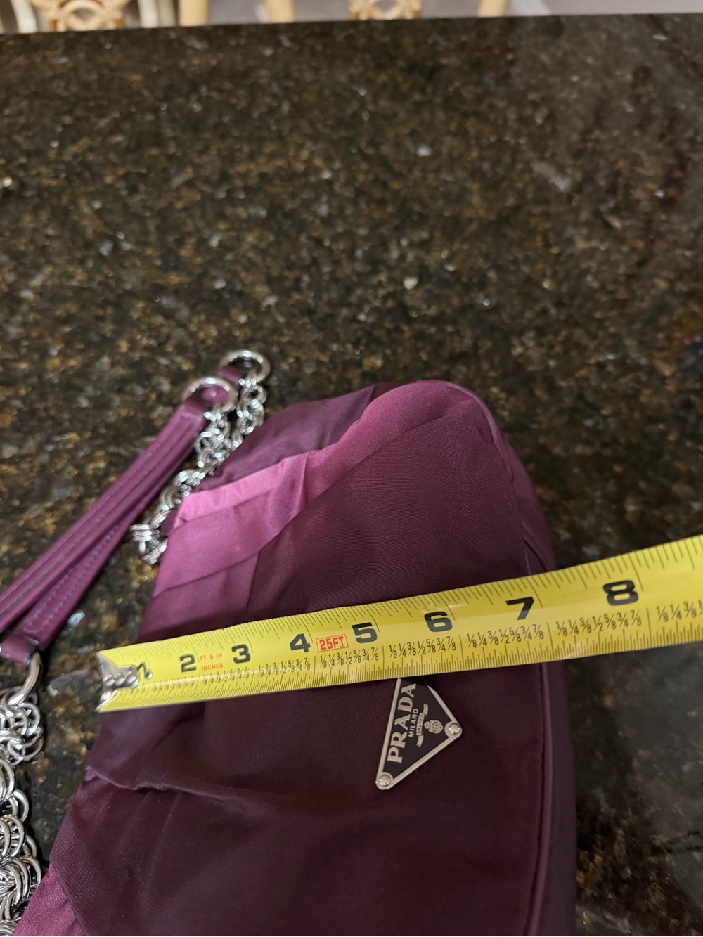 Prada Two-Tone Plum Satin Shoulder Bag with Chain Handles - Picture 14 of 14